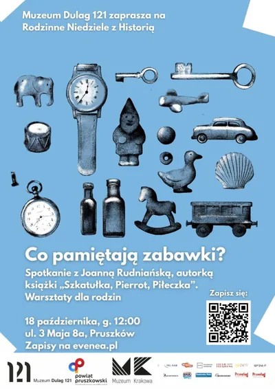 Materiał organizatora: Co pamiętają zabawki? Spotkanie z Joanną Rudniańską, autorką książki „Szkatułka, Pierrot, Piłeczka”. Warsztaty dla rodzin