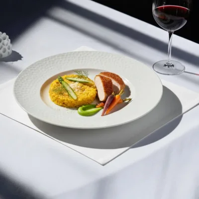Danie na białym talerzu w galerii Restauracji Ultramaryna